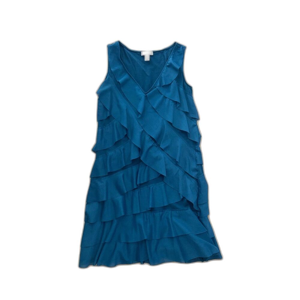 LOFT Teal Blue Ruffle Tiered Dress Size 4 Sleeveless V Neck Shift
